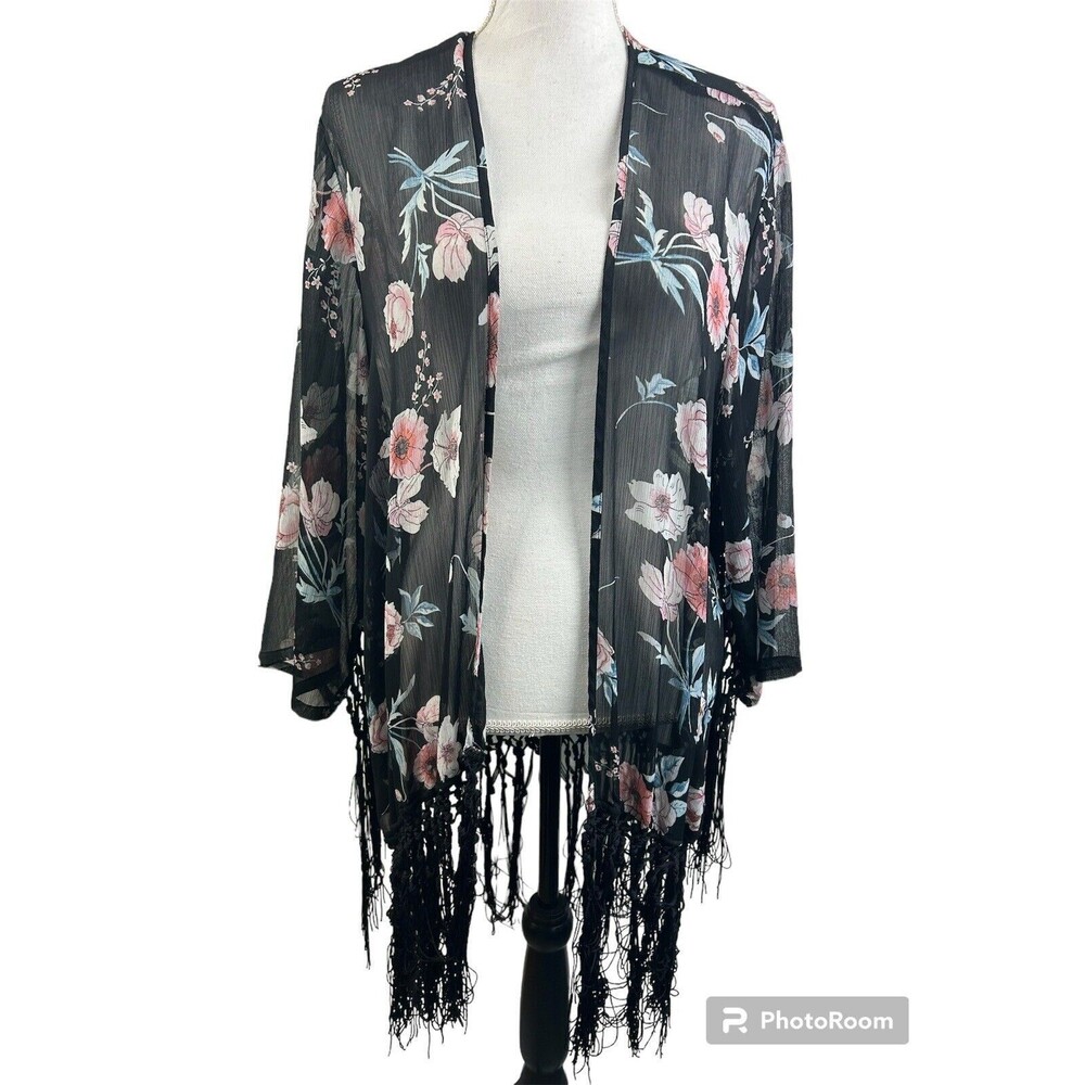 Torrid Floral Fringe Trim Sheer Half Sleeve Kimono Coverup Size 1/2